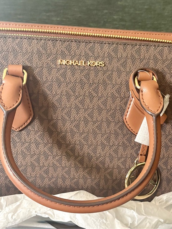 Michael Kors Handbags - Michael Kors Brown Logo-Print Satchel with Gold Hardware